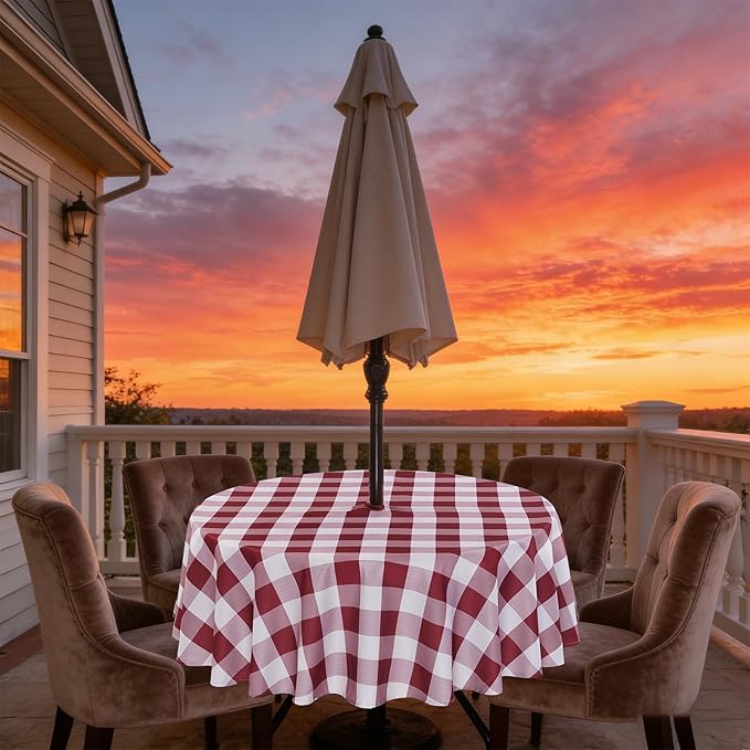 Poise3EHome Round Outdoor Tablecloth with Umbrella Hole and Zipper,Burgundy Checkered 60 Inch,SpillProof Washable Table Cloth for Spring Summer Patio Garden Poolside Picnic Camping BBQS