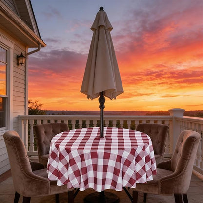Poise3EHome Round Outdoor Tablecloth with Umbrella Hole and Zipper,Burgundy Checkered 60 Inch,SpillProof Washable Table Cloth for Spring Summer Patio Garden Poolside Picnic Camping BBQS