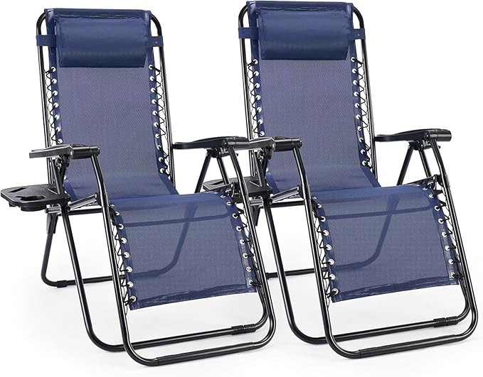 Chaise Lounge Chair Outdoor Set of 2, Oversized Zero Gravity Chair, Blue | Foldable Lounge Chair with Cup Holder, Lawn Chairs Adjustable with Side Table Headrest, Portable Camping Chair for Outdoor