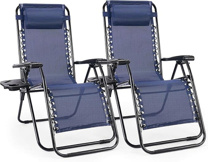 Chaise Lounge Chair Outdoor Set of 2, Oversized Zero Gravity Chair, Blue | Foldable Lounge Chair with Cup Holder, Lawn Chairs Adjustable with Side Table Headrest, Portable Camping Chair for Outdoor