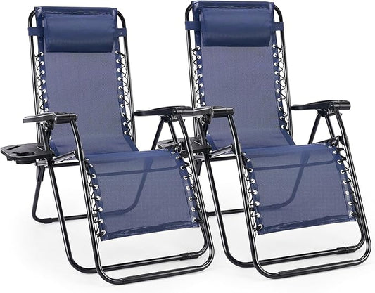 Chaise Lounge Chair Outdoor Set of 2, Oversized Zero Gravity Chair, Blue | Foldable Lounge Chair with Cup Holder, Lawn Chairs Adjustable with Side Table Headrest, Portable Camping Chair for Outdoor