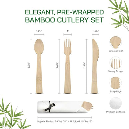 Black Bamboo Silverware Set 25 Pack, Prerolled Cutlery with Black String Napkin Bundle, Disposable Bamboo Utensils for Weddings, Parties and Events (Fork Knife Spoon)
