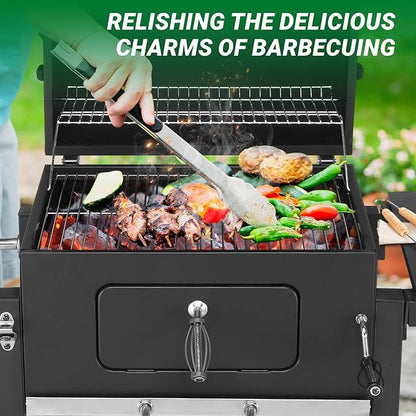Charcoal Grill, BBQ Smoker with Handle and Side Table, Perfect for Outdoor Patio, Garden and Backyard Grilling, Black