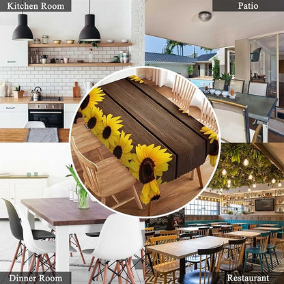 Swono Tablecloth 52"X70" Sunflowers, Garden Sunflowers Wooden Board Rectangle Table Cover Anti-Oil Tablecloth for Dining Tables, Parties, Wedding and Banquet Decoration