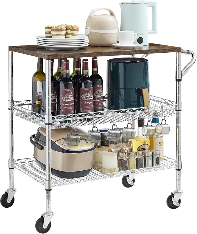 Rolling Kitchen Carts on Wheels With Storage,650Lbs Heavy Duty Metal Cart with Wheels,3 Tier Rolling Cart with Wooden Top,NSF Utility Cart with Handle for Food Cart Serving Carts,30.3"L*31.9"H*18.1"W