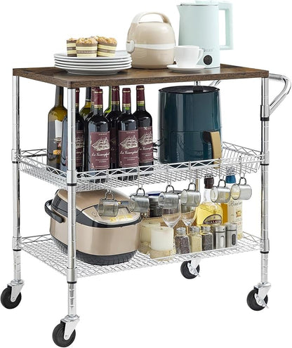Rolling Kitchen Carts on Wheels With Storage,650Lbs Heavy Duty Metal Cart with Wheels,3 Tier Rolling Cart with Wooden Top,NSF Utility Cart with Handle for Food Cart Serving Carts,30.3"L*31.9"H*18.1"W
