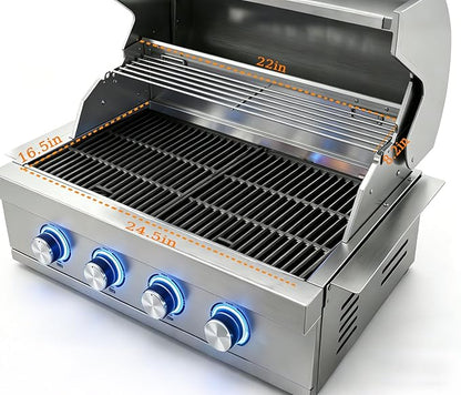 28-inch Built-in Gas Grill, 4 Burner Propane Gas Grill 48,400 BTU, 304 Stainless Steel, Charcoal and Propane Gas Dual Fuel for Patio Backyard Parties Barbecue