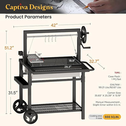 Captiva Designs Argentine Santa Maria Grill – Wood Fire and Charcoal BBQ with Adjustable Height Grates, Large Outdoor Open Fire Grill for Patio, Backyard Gaucho Grilling