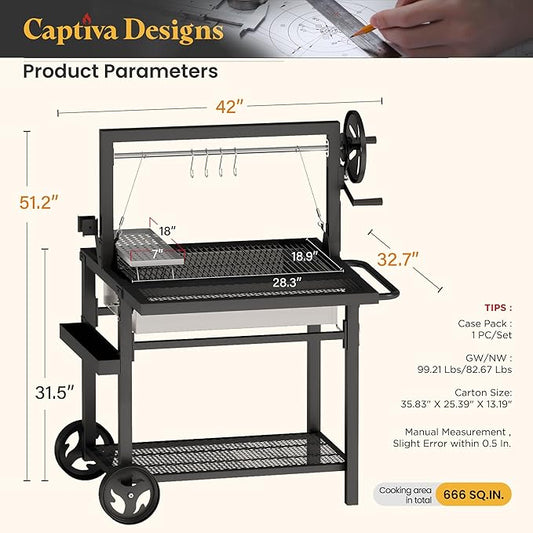 Captiva Designs Argentine Santa Maria Grill – Wood Fire and Charcoal BBQ with Adjustable Height Grates, Large Outdoor Open Fire Grill for Patio, Backyard Gaucho Grilling