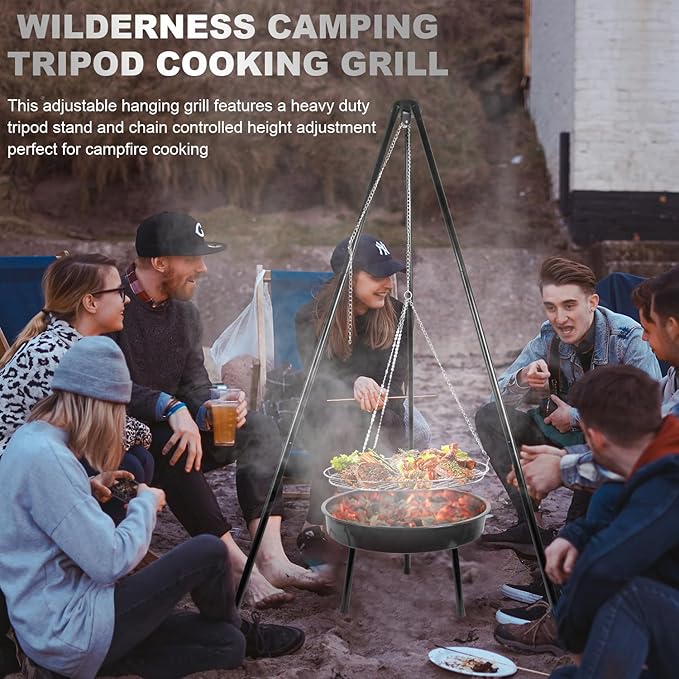 campfire grill, campfire tripod with a barbecue basin, suitable for outdoor travel and gatherings (chain)