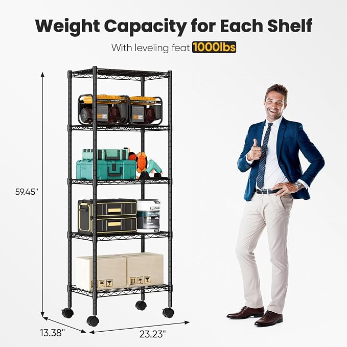 DUMOS 5-Tier Metal Storage Shelves, Wire Shelving, 23.2" W | Lockable Wheels, Adjustable Standing, Heavy Duty Steel Unit, Kitchen Bathroom Pantry Garage Organizers, 59.1"H