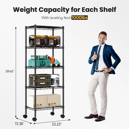DUMOS 5-Tier Metal Storage Shelves, Wire Shelving, 23.2" W | Lockable Wheels, Adjustable Standing, Heavy Duty Steel Unit, Kitchen Bathroom Pantry Garage Organizers, 59.1"H