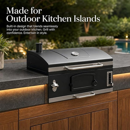 30in Built in Charcoal Grill for Outdoor Kitchen Island, Heavy Duty Large Barbecue Grills with Liftable Tray, Insulated Hood & Temp Gauge Drop-in BBQ Barrel Grill for Family Parties Patio Cooking