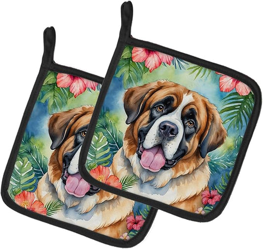 Caroline's Treasures Saint Bernard Luau Pair of Pot Holders Kitchen Heat Resistant Pot Holders Sets Oven Hot Pads for Cooking Baking BBQ, 7 1/2 x 7 1/2