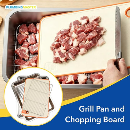 Grilling Gifts for Family: 5-in-1 Outdoor BBQ Food Prep Tray & Carry System, Meat Marinating Container with Lid, Cutting Board & Rack, Metal Cooked Meat Platter Serving Accessories