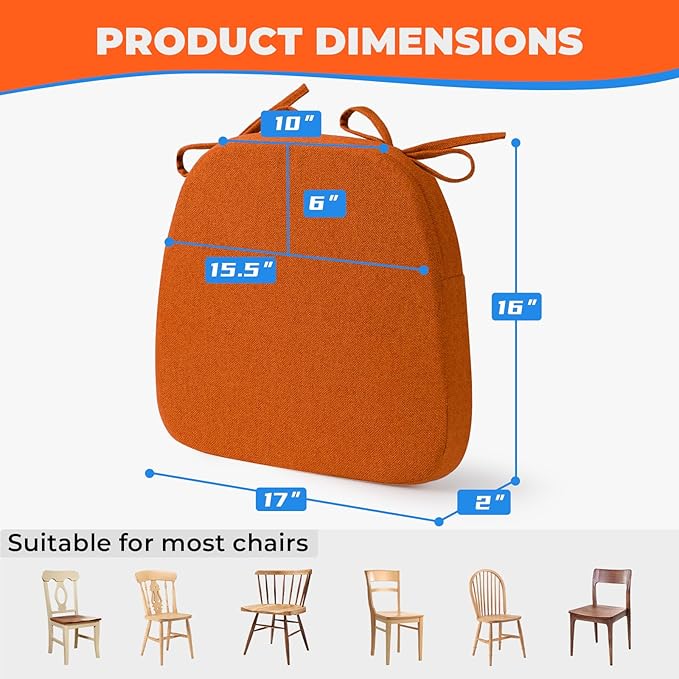 Sunsleek Chair Cushions for Dining Chairs, D-Shaped Seat Cushions with Removable Washable Cover and Ties, Chair Pads for Kitchen, Indoor Dining Room, Patio Chairs, 17'' x 16'', Set of 6, Orange