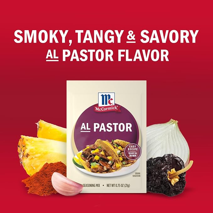 McCormick Seasoning Mix, Al Pastor, Smoky, Tangy & Savory Al Pastor for Tacos, Rice Bowls & Burritos, Ready to Serve In 20 Minutes, 0.75 oz (Pack of 12)