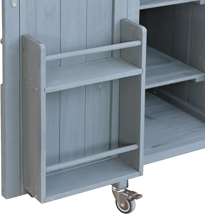LUMISOL Outdoor Grill Cart with Stainless Steel Top, Farmhouse Solid Wood Kitchen Island with Storage Rack, Outdoor Rolling Bar Cart & Storage Cabinet with Spice & Towel Rack, Grey Blue