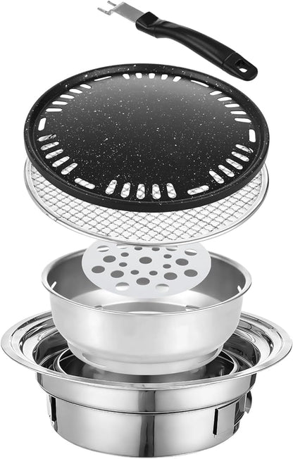 Korean BBQ Charcoal Grill Set, Stainless Steel Tabletop Grill with Maifan-Stone Pan, Mesh Rack, Charcoal Bowl, 13.4 in Portable Grill for Outdoor Cooking, Indoor Korean BBQ, Camping, Patio Grilling