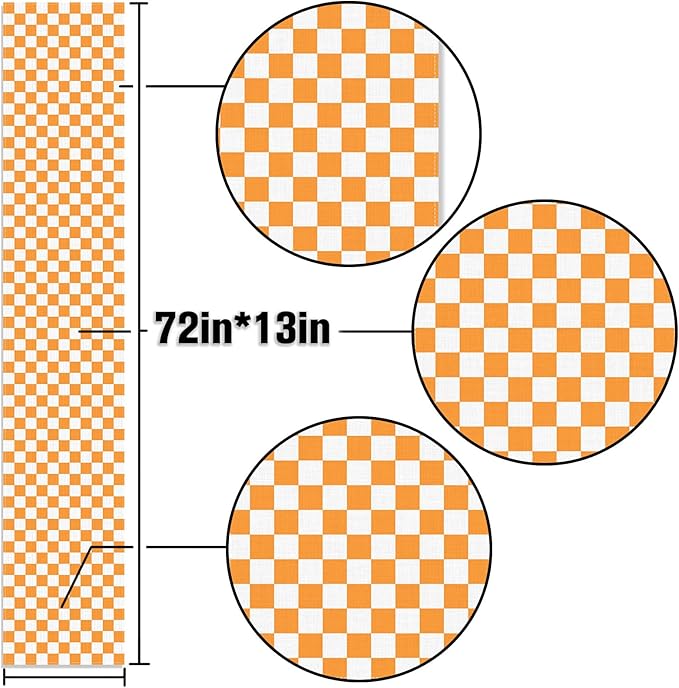 Orange White Checkered Table Runner Fall Thanksgiving Harvest Checkerboard Decoration for Wedding Birthday Bridal Baby Shower Christmas Home Party Kitchen Island Decor 13" x 72"