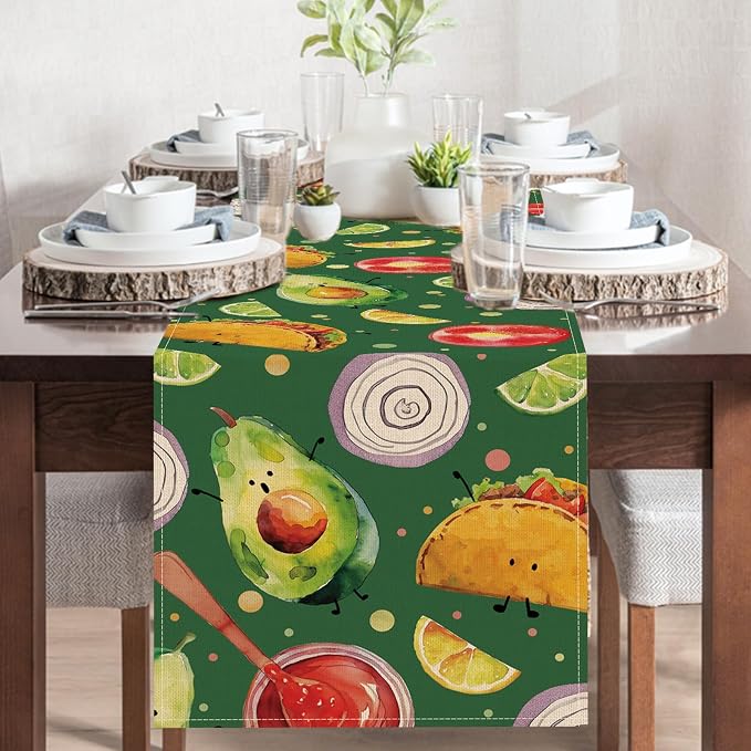 Green Mexican Food Dining Table Runner, Vegetable Fruit Taco Avocado Lime Onion Tomato Burlap Kitchen Decoration Foodie Gift, Indoor Outdoor Home Decor Party Supply 13 x 72 Inches