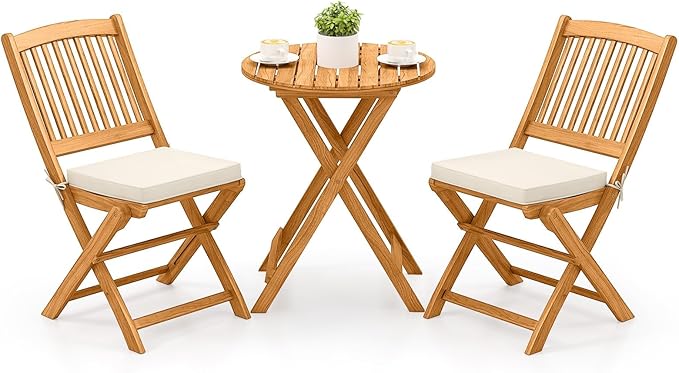 Tangkula 3 Pieces Acacia Wood Patio Folding Bistro Set, Outdoor Table and Chairs Set with Soft Cushions, Patio Furniture Set for Porch, Balcony, Garden, Deck and Backyard