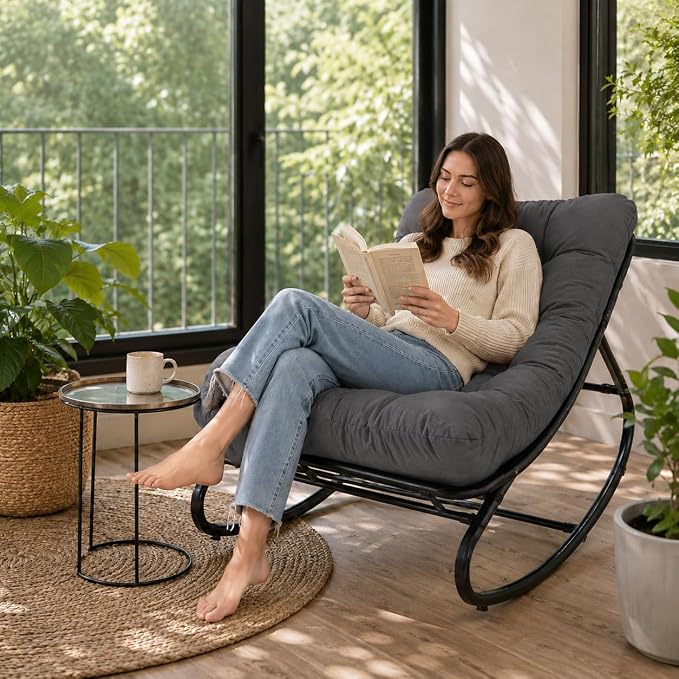 Garvee Outdoor Papasan Rocking Chair with Thick Cushion, 450 lb Capacity | Curved lounge profile, neutral gray finish and easy-care materials create a cozy retreat for porch, balcony or living room.