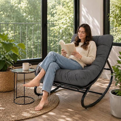 Garvee Outdoor Papasan Rocking Chair with Thick Cushion, 450 lb Capacity | Curved lounge profile, neutral gray finish and easy-care materials create a cozy retreat for porch, balcony or living room.