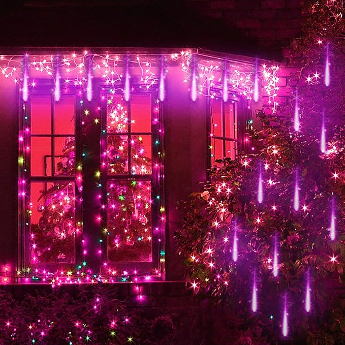 Purple Meteor Shower Lights for Halloween Christmas Decor Yard Outside | 16 Tubes, Equivalent to 2 Sets of 8-Tube, Waterproof Purple Icicle Lights for Oudoor Halloween Xmas Decorations, UL Plug