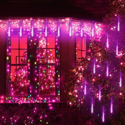 Purple Meteor Shower Lights for Halloween Christmas Decor Yard Outside | 16 Tubes, Equivalent to 2 Sets of 8-Tube, Waterproof Purple Icicle Lights for Oudoor Halloween Xmas Decorations, UL Plug
