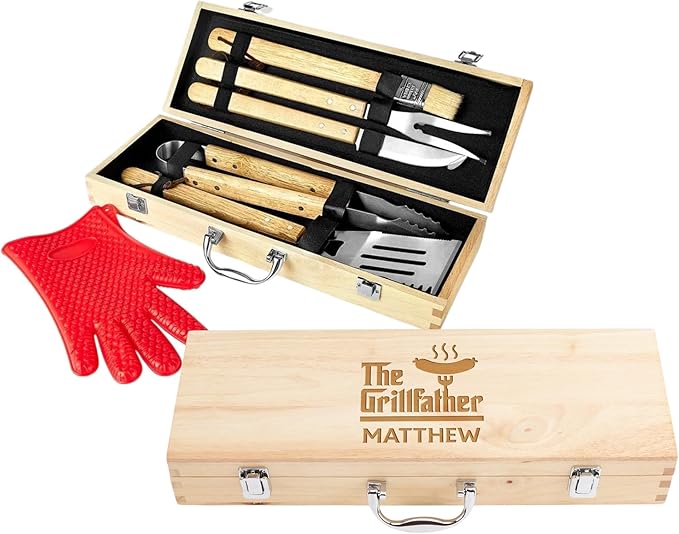 Custom Engraved BBQ Grill Set for Dad, 11 Pcs Grill Tool Set, Personalized Father’s Day BBQ Gift for Dad, Best Dad Barbecue Accessories, Stainless Steel Grill Tools with Wooden Case, BBQ Gifts for Men