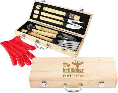 Custom Engraved BBQ Grill Set for Dad, 11 Pcs Grill Tool Set, Personalized Father’s Day BBQ Gift for Dad, Best Dad Barbecue Accessories, Stainless Steel Grill Tools with Wooden Case, BBQ Gifts for Men