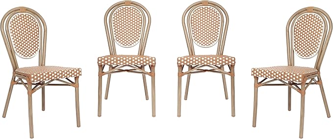 Flash Furniture Lourdes Indoor/Outdoor Commercial Thonet Bistro Stack Chair - NAT/White PE Rattan Back and Seat - Light Natural Bamboo Print Metal Frame - 4 PK