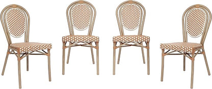 Flash Furniture Lourdes Indoor/Outdoor Commercial Thonet Bistro Stack Chair - NAT/White PE Rattan Back and Seat - Light Natural Bamboo Print Metal Frame - 4 PK