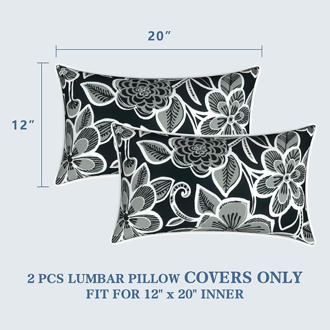 LVTXIII 2 Pack Outdoor Lumbar Pillow Covers 12x20 Inch with Piping, Water-Repellent Back Cushion Covers ONLY for Patio Furniture, Sofa, Garden Bench, Flower Black