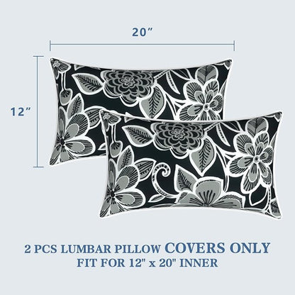 LVTXIII 2 Pack Outdoor Lumbar Pillow Covers 12x20 Inch with Piping, Water-Repellent Back Cushion Covers ONLY for Patio Furniture, Sofa, Garden Bench, Flower Black