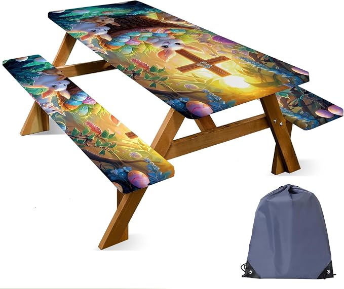 Picnic Table Cover with Bench Covers 72in,Waterproof Windproof Fitted Tablecloth,Easter Bunny with Cross Design for Easter,Camping Essentials with Drawstring Bag for Patio,Park & Backyard
