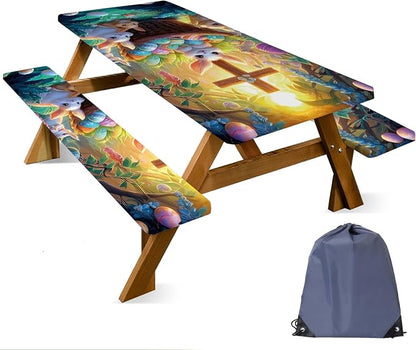 Picnic Table Cover with Bench Covers 72in,Waterproof Windproof Fitted Tablecloth,Easter Bunny with Cross Design for Easter,Camping Essentials with Drawstring Bag for Patio,Park & Backyard