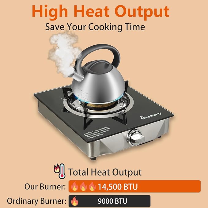 1 Burner Propane Gas Stove with Auto Ignition, 14500 BTU High-Efficiency Heavy-Duty Tempered Glass Cooktop, CSA Regulator & Hose Included, for Outdoor Camping Emergency