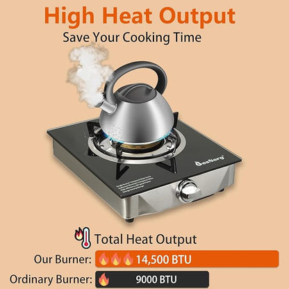 1 Burner Propane Gas Stove with Auto Ignition, 14500 BTU High-Efficiency Heavy-Duty Tempered Glass Cooktop, CSA Regulator & Hose Included, for Outdoor Camping Emergency