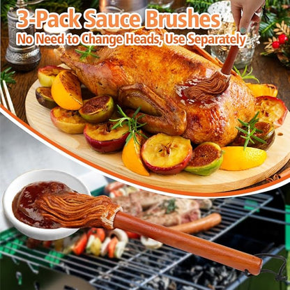 12" BBQ Sauce Basting Mops & Brushes for Roasting or Grilling, Apply Barbeque, Marinade or Glazing, Cotton Fiber Head and Hardwood Handle, Dish Mop Style, Perfect for Cooking or Cleaning - Pack of 3