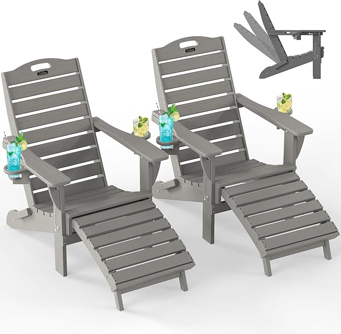Ciokea Folding Adirondack Chair Set of 2 with Retractable Ottoman Fire Pit Patio Chair with Pull Out Foot Rest Weather Resistant Lawn Outdoor Chair with 2 Cup Holder (Gray)