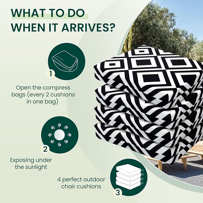 HARBOREST Outdoor Chair Cushions Set of 4, Water Resistant Patio Chair Cushions with Ties, Square Corner Outdoor Seat Cushions for Patio Furniture, 18.5"x16"x3", Black/White Diamond