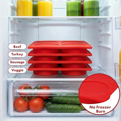Silicone Burger Patty Maker & Freezer Tray, Grilling Cookware 4-Cavity Mold with Airtight Lid, Make 4 Perfect 4.7-Inch Patties at Once for Easy BBQ Prep & Freezer Storage