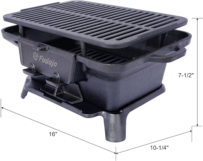 Cast Iron Charcoal Grill, Oval Small Portable Hibachi Grill with Grate for Outdoor Camping, Black