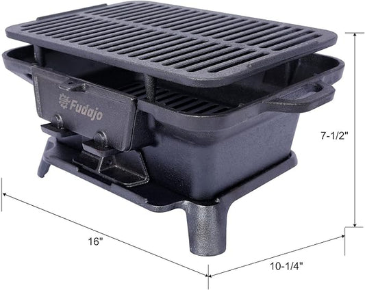 Cast Iron Charcoal Grill, Oval Small Portable Hibachi Grill with Grate for Outdoor Camping, Black