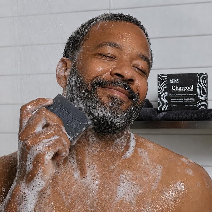 Keika Charcoal Black Soap Bar for Eczema, Psoriasis, Face, Body, Men Women Teens with Oily Skin, 5 oz.