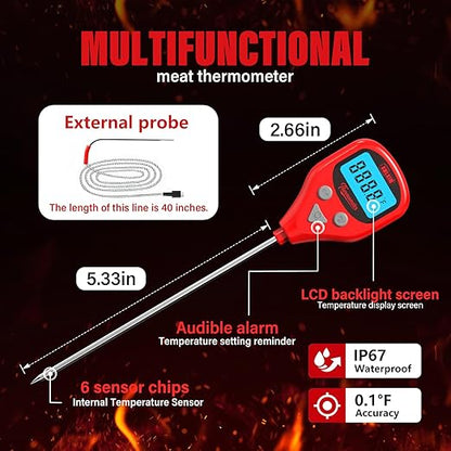 AWLKIM Digital Meat Thermometer with 40-Inch Leave-in External Probe, Rechargeable Instant Read Food Thermometer for Grill BBQ Smoker Oven Kitchen, IP67 Waterproof, Audible Alarm & Hold Function