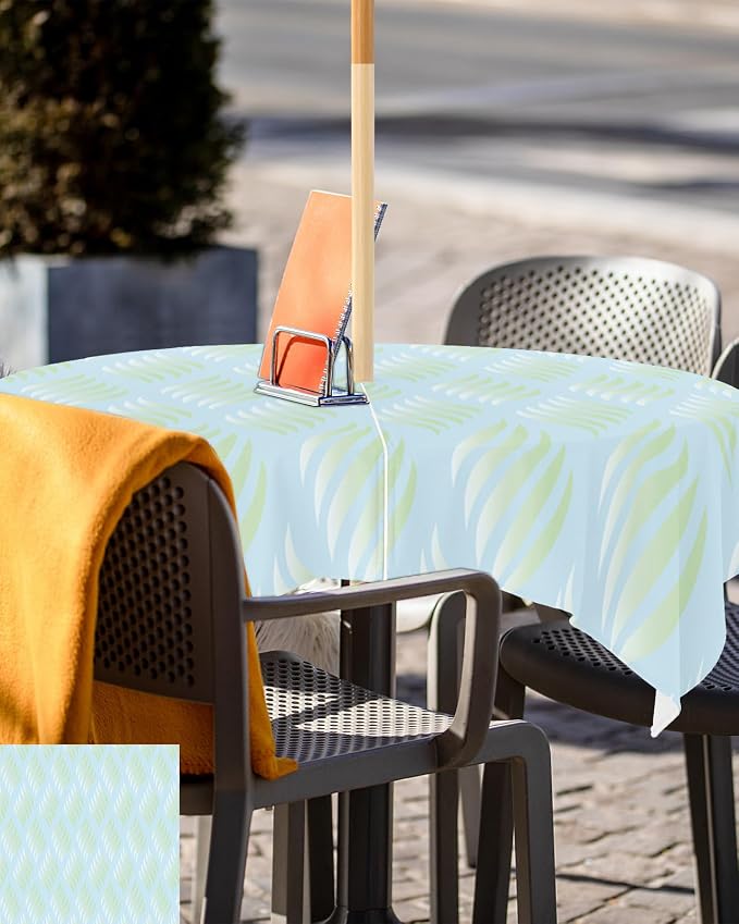 Outdoor Tablecloth with Umbrella Hole, Abstract Leaves Lines Geometric Natural Patterns Ombre Green Square Tables Waterproof Tabletop Collection for Patio, Garden, Picnic, Camping, Dining 54 x 54 inch