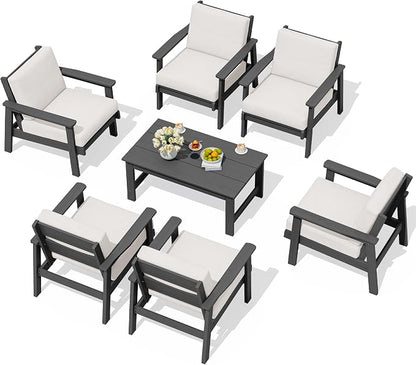 SERWALL HDPE Outdoor Furniture Set, 7 Piece All Weather Wood-Like Outdoor Sofa Sectional Couch, Grey Patio Furniture Set with Khaki Cushions